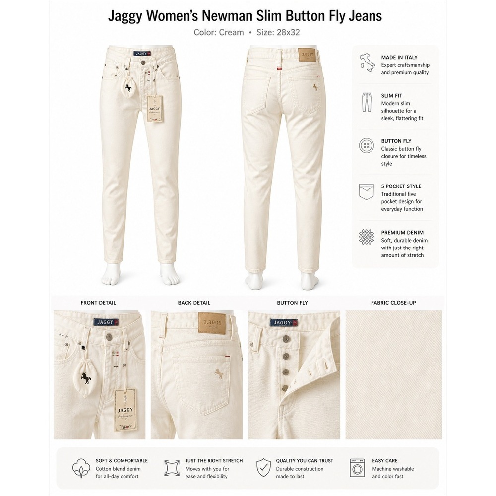 Jaggy Newman Slim Button Fly Jeans‎ Cream Bianco Made In Italy 28x32 P1 JM 1552